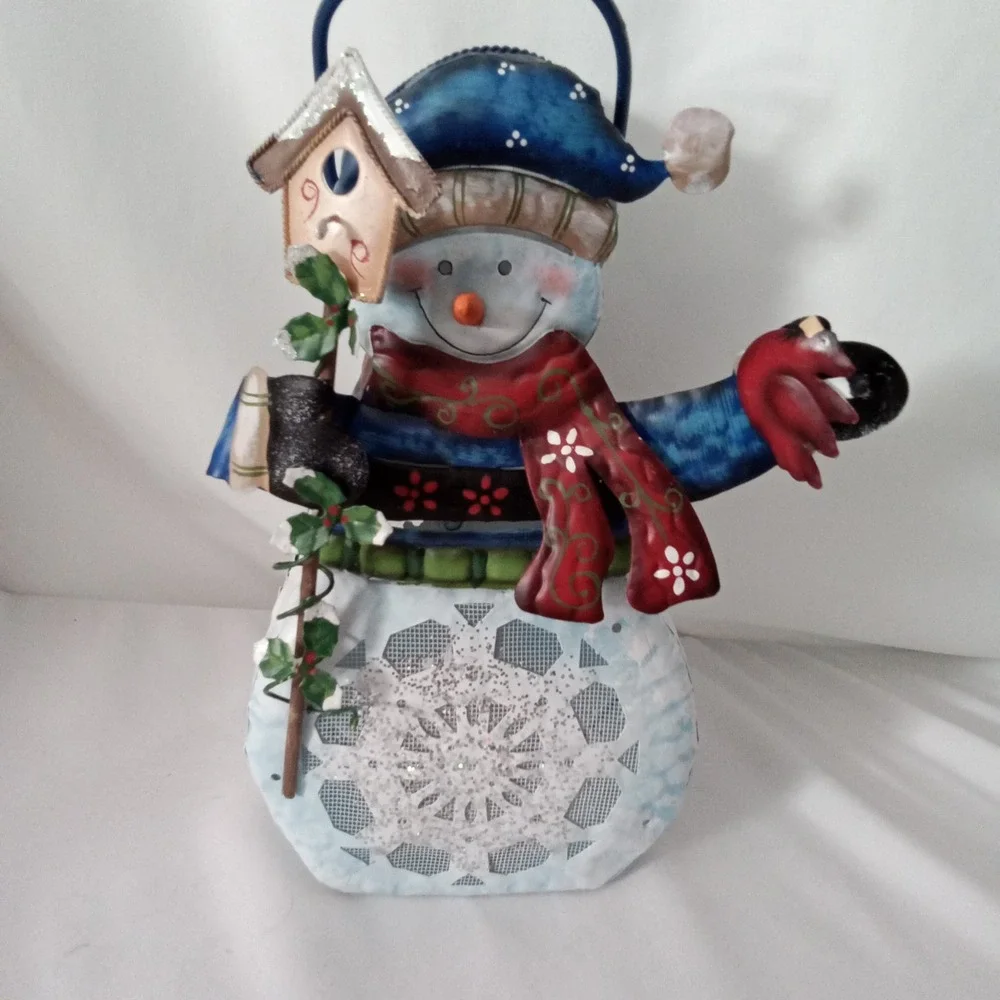 Snowman Metal Tea Light Lantern Winter Holiday Decor Birdhouse Cardinal 11 inch